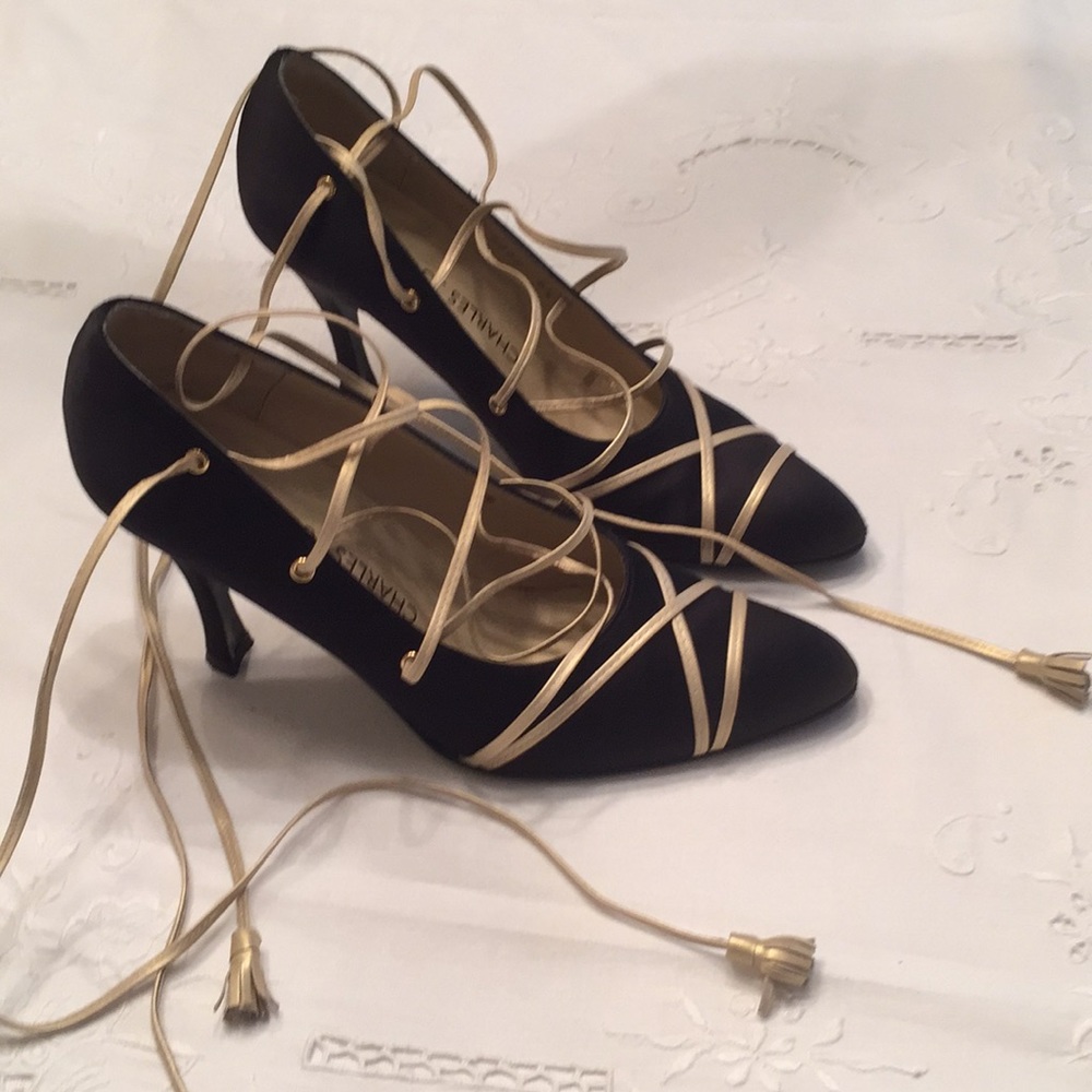 Charles Jordan black satin pumps 8 1/2